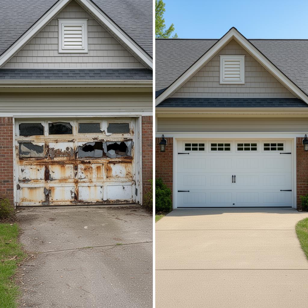 Before and after garage door replacement in Birmingham AL