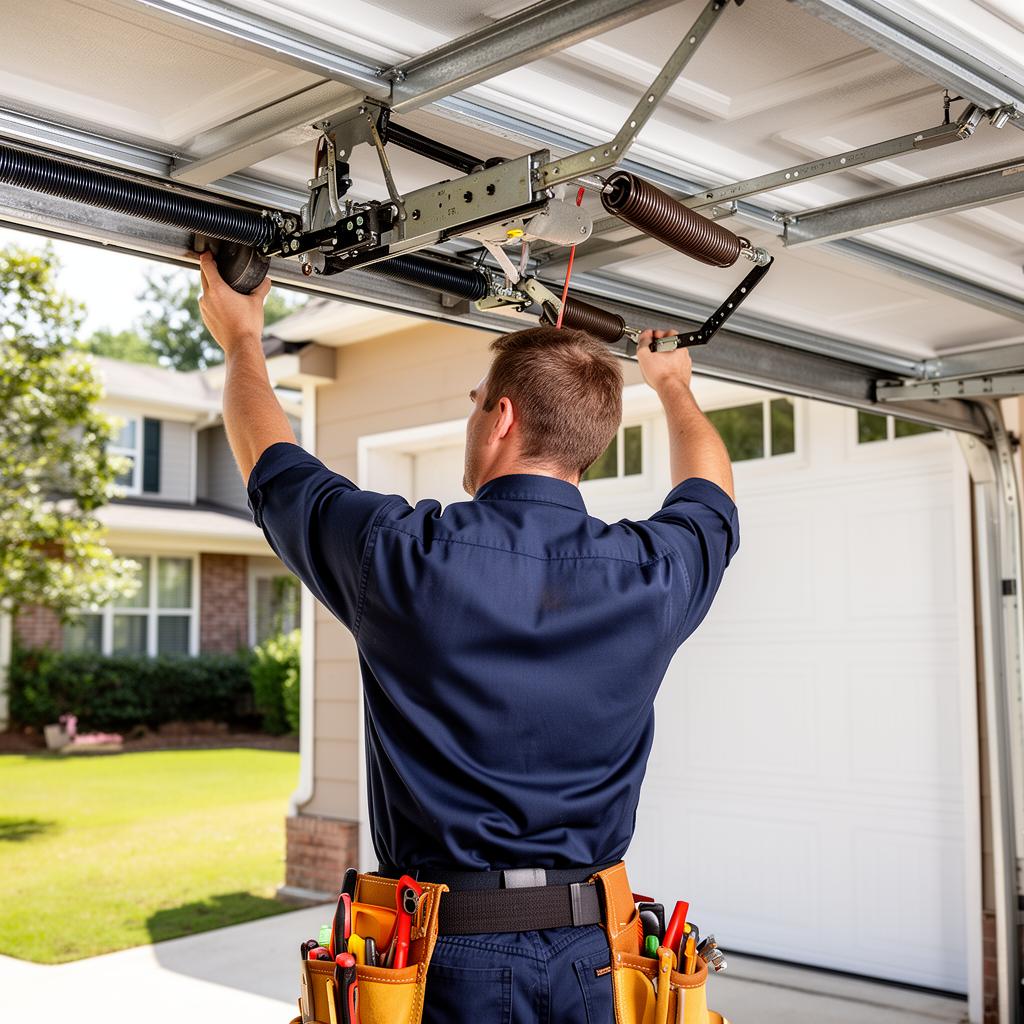 Garage door spring repair technician in Birmingham AL fixing torsion springs